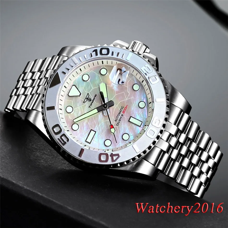 Tandorio 40mm 20ATM New White Mother Of Pearl Dial NH35A Automatic Watch Sapphire Glass Silver Ceramic Bezel плитка stiles ceramic loep pearl 35x90 см