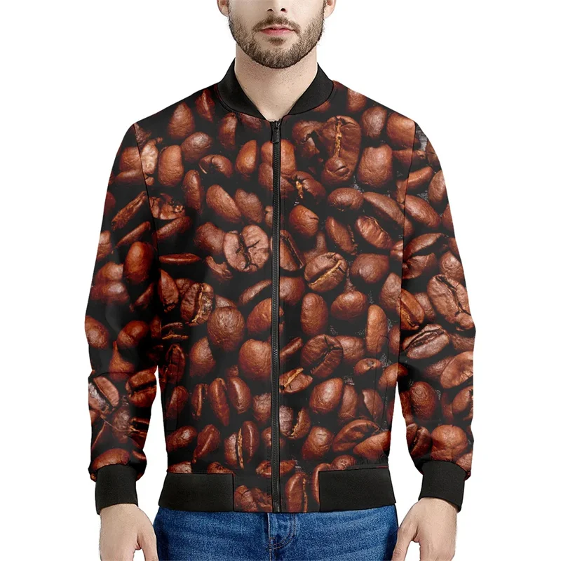 Chaqueta con estampado de granos de café para hombre, divertida chaqueta con estampado 3D de comida, manga larga, para primavera y otoño, estilo Harajuku, chaqueta con cremallera, abrigo, ropa de call