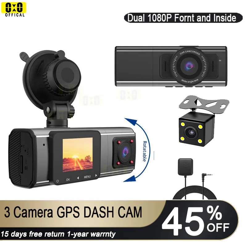 Dash Cam 3 Cameras Front and Inside 1080P HD Rear Camear GPS Track Vehicle Black Box Car Video Recorder for Taxi Uber | Автомобили и