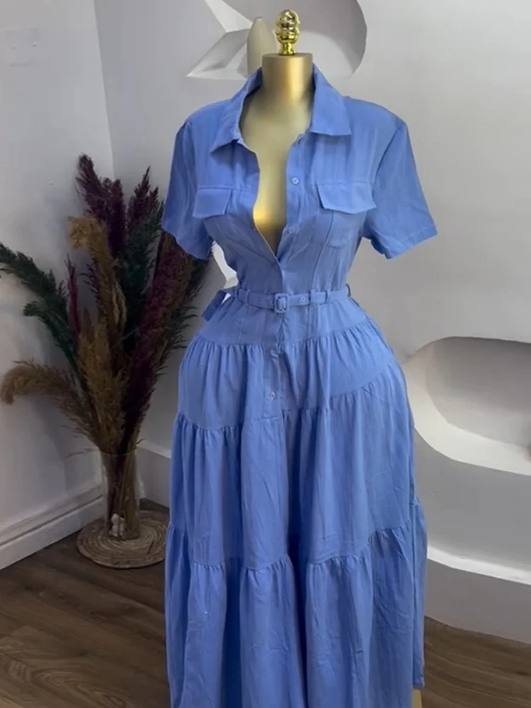 Wmstar Dress Women Wholesale Woman 2025 Summer New Fashion Lapel Short Sleeved Button Down Belt A Line Shirt Dresses One Pieces