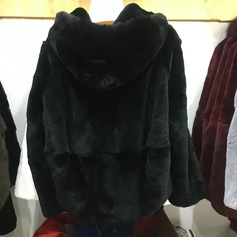 Women\'s Winter Fur Coats Rex Rabbit Fur Coat Women Clothing Casual Warm Loose Hooded Female Real Fur Jacket Casaco Feminino Lq