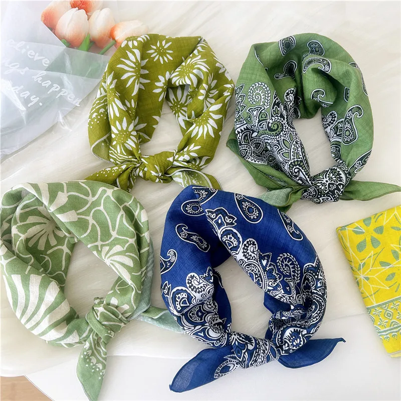 Floral Print Kerchief Square Scarves Bandanas Scarf for Women Neckerchief Cotton Linen Headband Headscarf Hair Band Turban 55cm 6