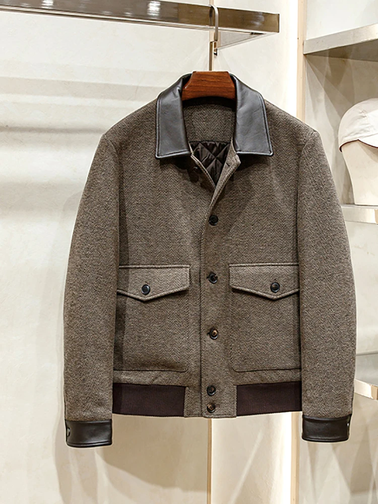 New winter men's business casual leather collar cotton-padded coat lapel wool coat 2
