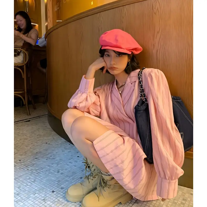 

Pink Striped Shirt Women's Early Autumn Mid Length Long Sleeved T-shirt Korean Version Oversized Top Harajuku Texture Shirt