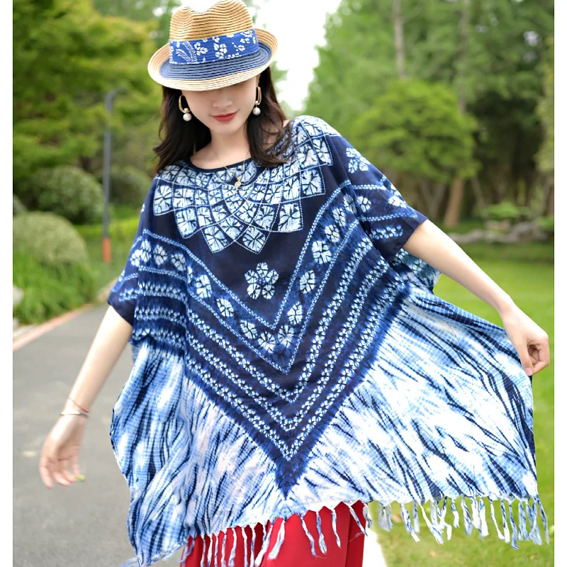 

Poncho Cloak New Chinese Ethnic Style Shawl Women's Tourism Wear Decorative Pullover Cape Coat Scarf Lady Seaside Vacation N2
