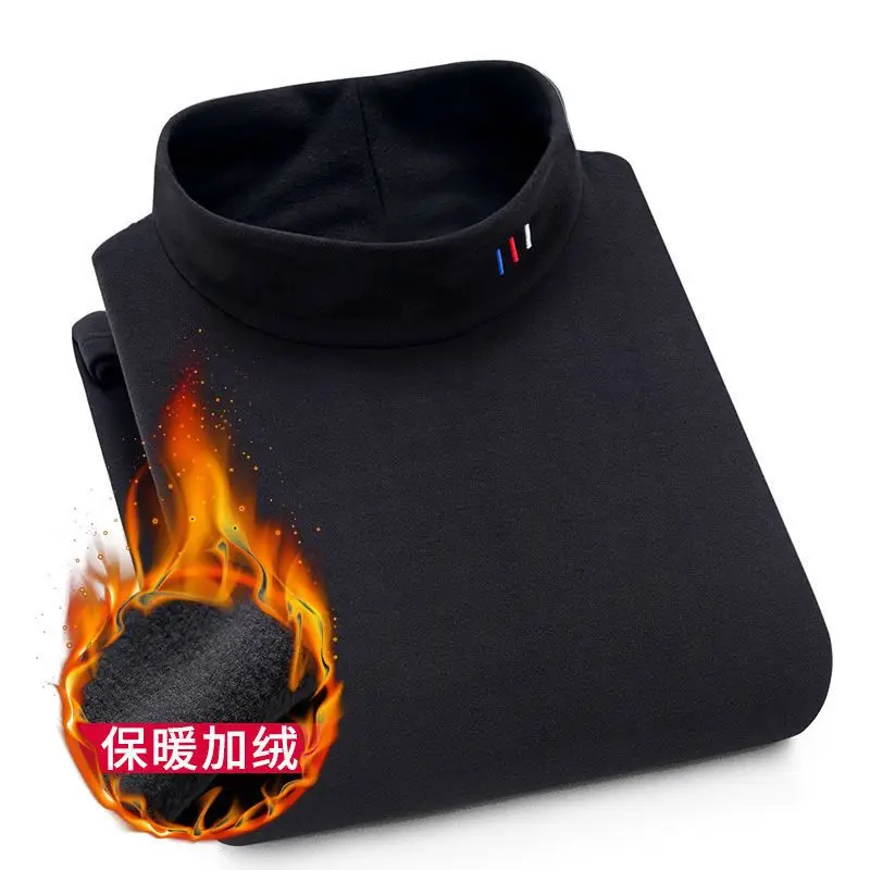 New 2024 Men's Mock Neck Double-Sided Coral Fleece Thicken T-Shirt for Autumn Winter Velvet Plus Size Tee Casual Wear Warm Tops