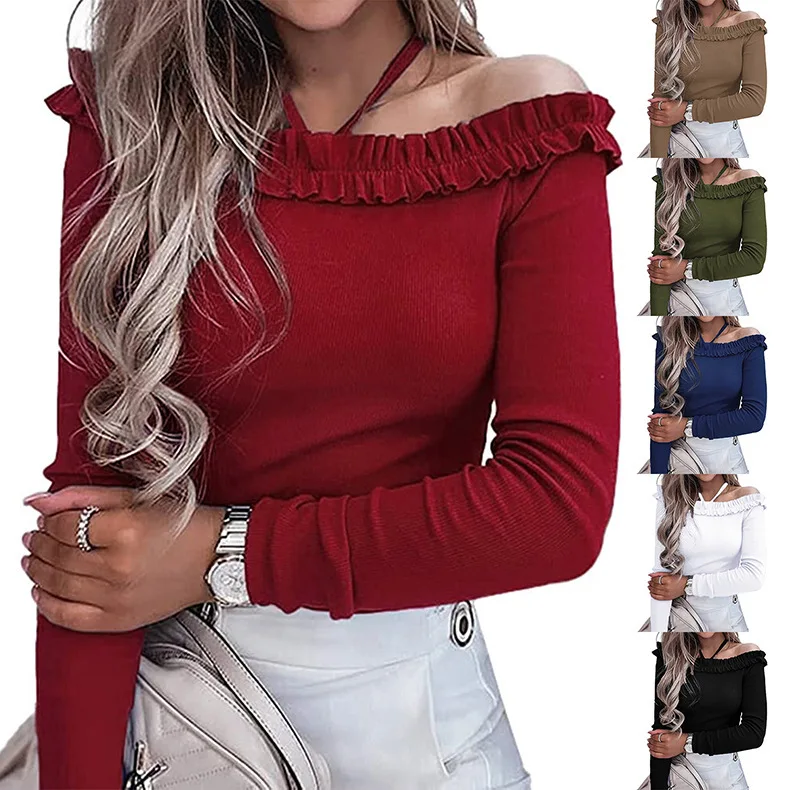 

Autumn and winter women's new chain strap solid color V-neck slim long-sleeved T-shirt top woman