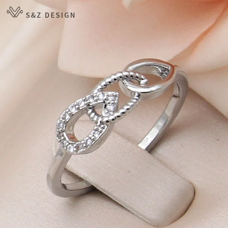 S&Z DESIGN New Fashion Temperament Wax Inlay Water Drop Cubic Zirconia Adjustable Rings For Women 585 Rose Gold Color Jewelry