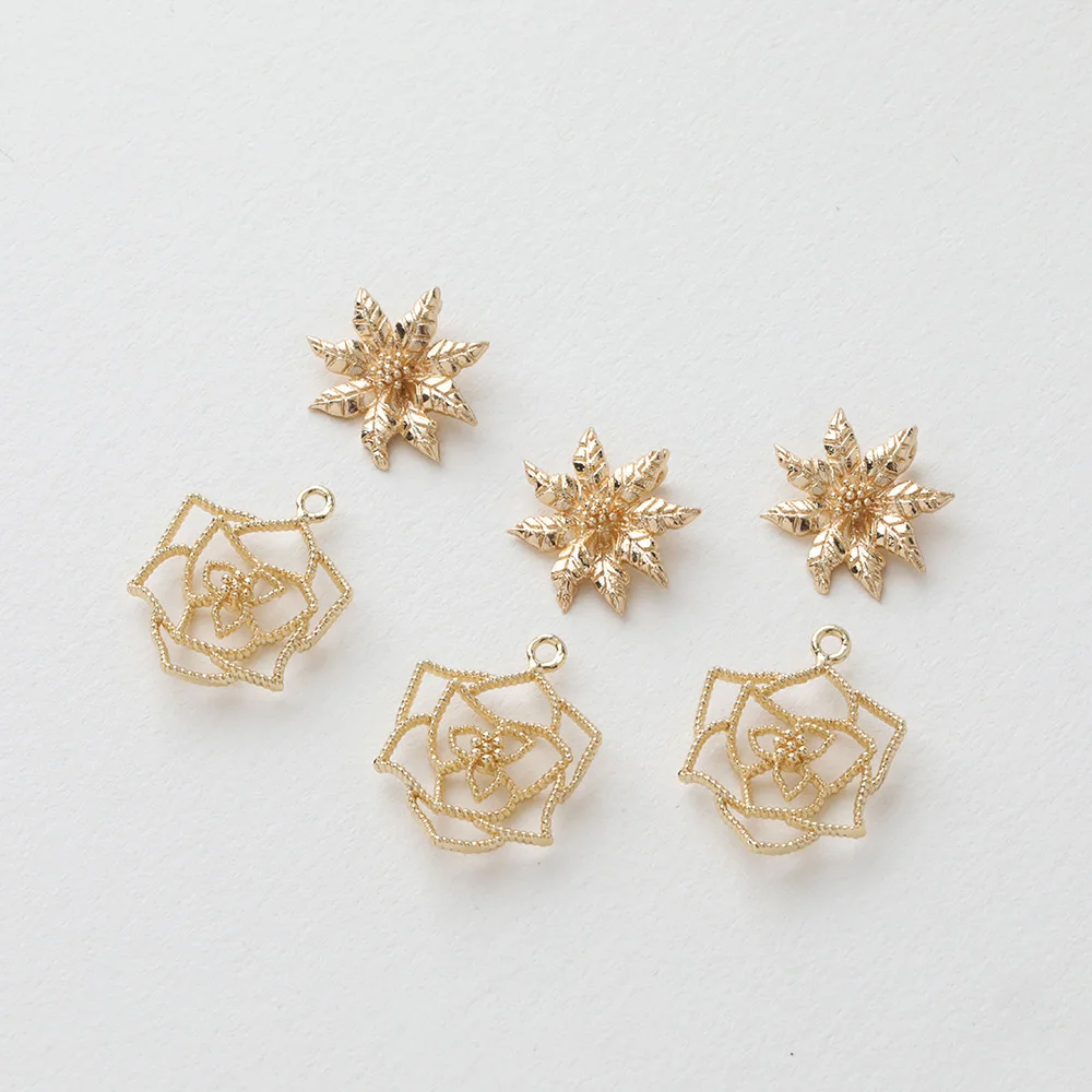 

4PCS 14K Gold Plated Hollow Rose Double Holes Flower DIY Earring Pendant Jewelry Findings Material Accessories