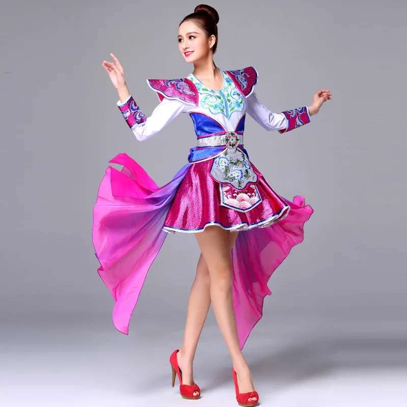 

Long sleeve Chinese Yangko Dance Costume For Women New Year Performance Clothing Vintage Dress Festival Celebration