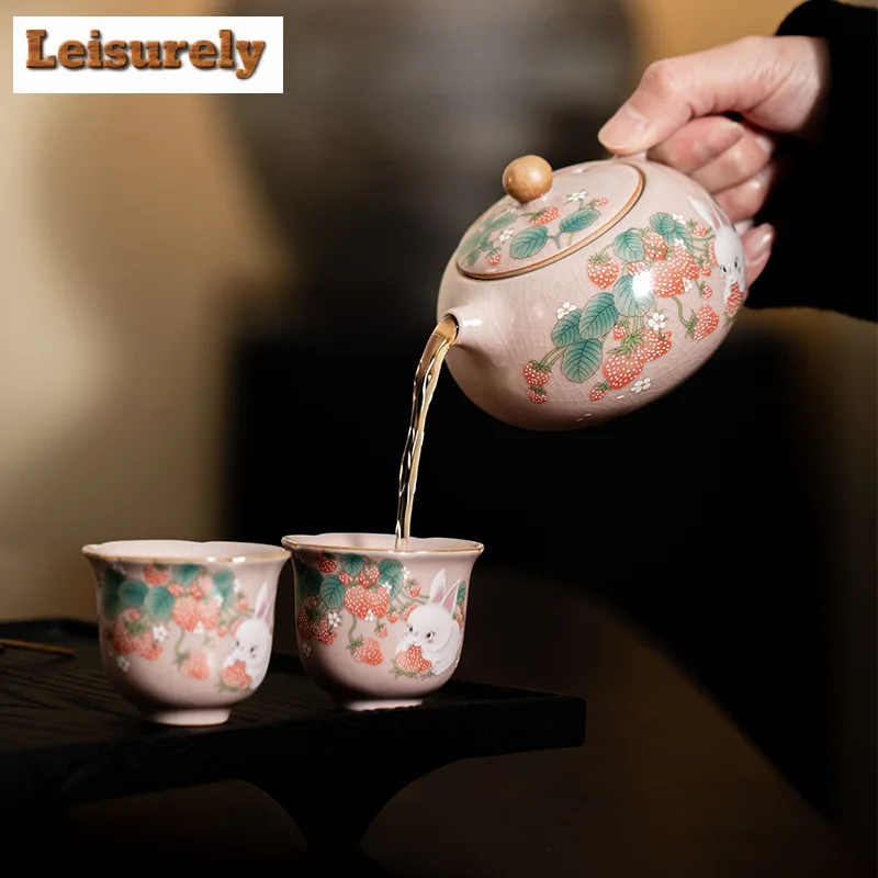 Antique Pink Ru Kiln Teacup Strawberry Rabbit 1 Pot 2 Cups Chinese Tea Making Xishi Kettle Teapot and Tea Cup Set Kung Fu Teaset