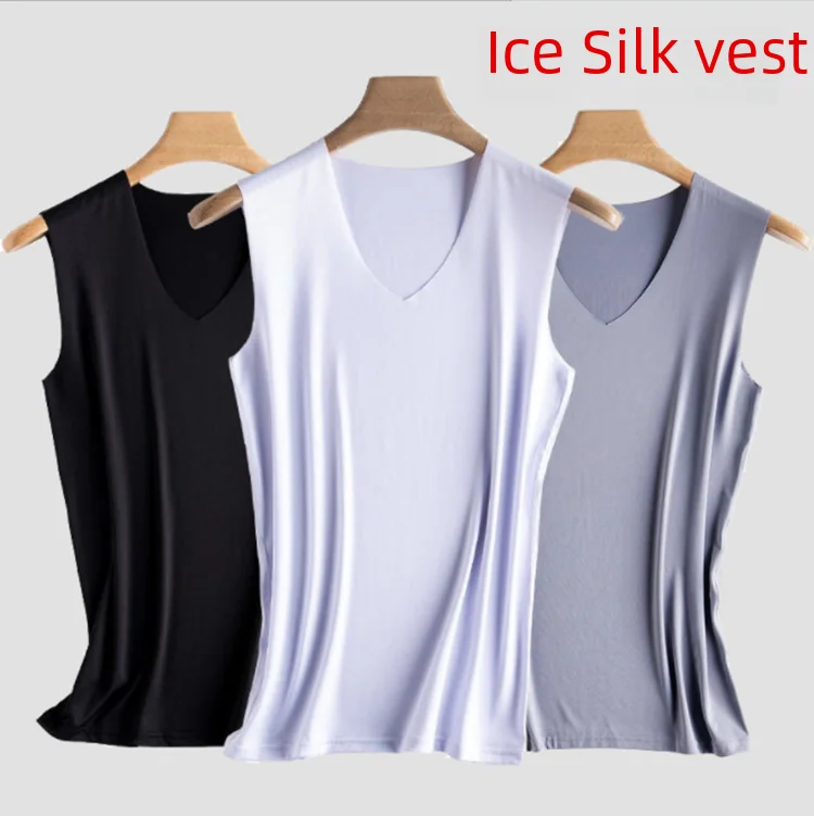 Men's Ice Silk Seamless Vest Solid Color Elastic Sports Quick Dry Wide Shoulder Thin Style V-neck Base Layer Top For Youth