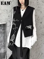 [EAM] Women Black Embroidery Irregular Ribbon Big Size Vest New V-collar Sleeveless Fashion Tide Spring Autumn 2025 1DH7749