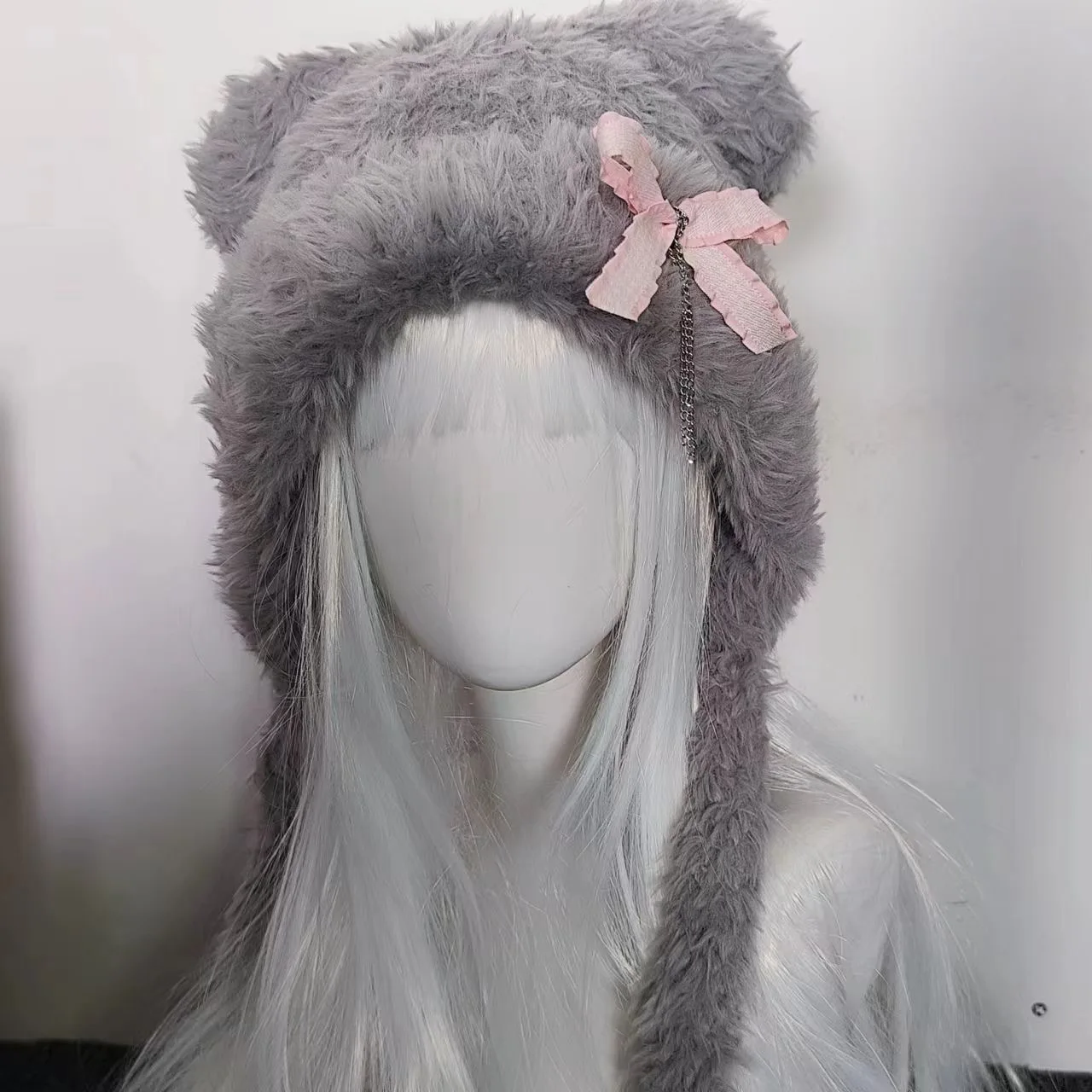 Harajuku Gothic Lolita Y2K Knitted Bear Ear Bowknot Chain Hat Women Punk Designer Winter Black Beanie Female Accessories Cap