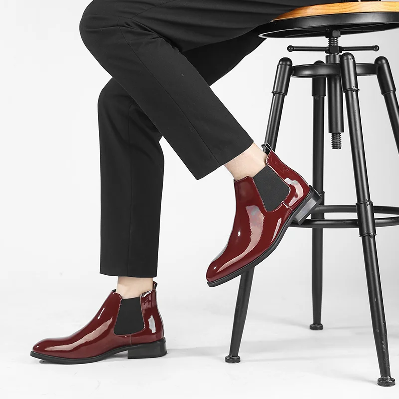 Chelsea Boots for Men Patent Leather Black Buckle Ankle Round Toe Business Classic Handmade Men Short Boots Botas De Hombre