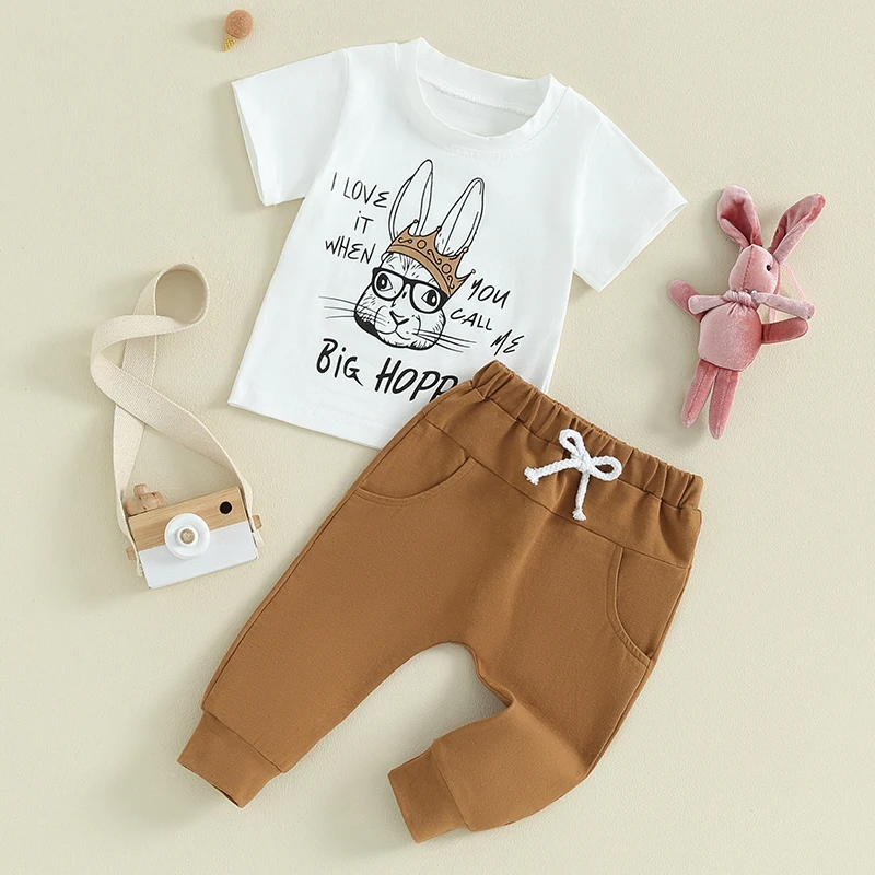 Toddler Baby Boys Easter Day Clothes Sets 0-3Y Short Sleeve Cartoon Rabbit Letter Print Tops Drawstring Pants