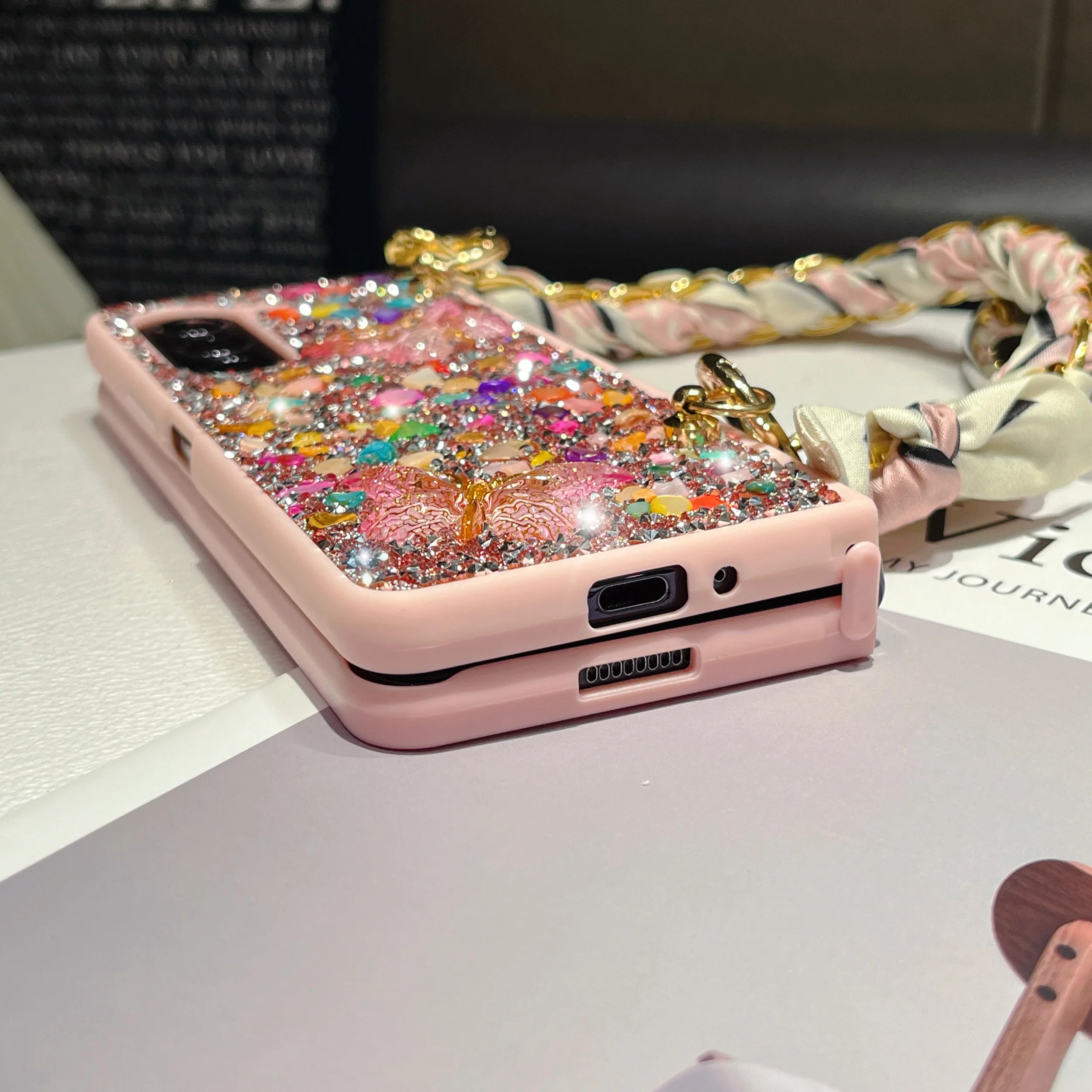 Cute Girl Colorful Butterfly Stone Diamond Glitter Phone Case Cover For Samsung Galaxy Z Fold 3 4 5 6_voghion.com