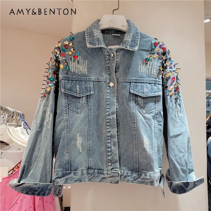 2024 Spring Autumn New Chaquetas Lapel Shoulder Heavy Industry Handmade Diamond Beaded Loose Short Denim Jacket Top For Women new stage heavy industry dress bel canto solo vocal music art test pettiskirt off shoulder slimming plus size