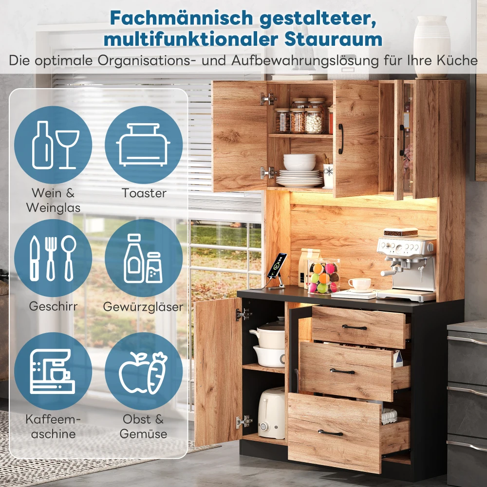 Stilvoller Küchenschrank, Schwarze Arbeitsplatte, Sideboard mit Verstellbarer LED-Beleuchtung und Steckdose, für Küchen, Esszimmer, Wohnzimmer – Detail 22
