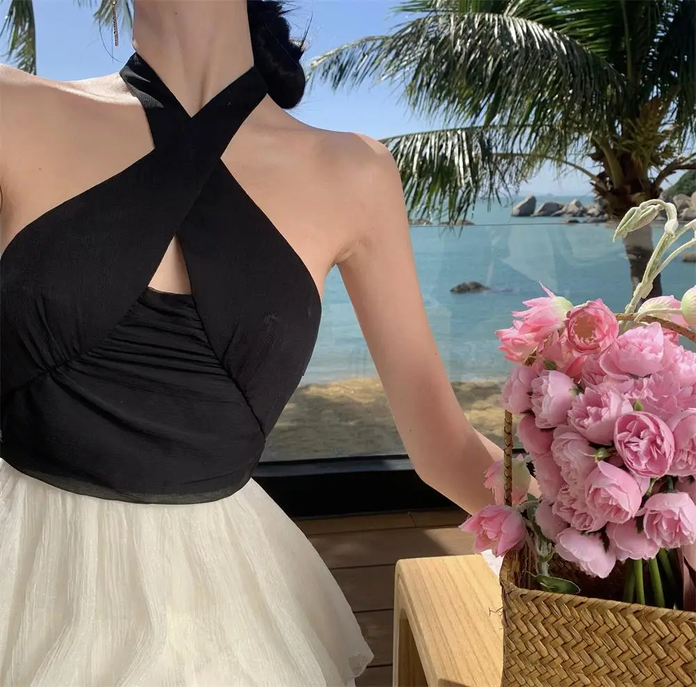 Elegant Patchwork Ruffles Cake Dresses for Women Halter Sleeveless Backless Evening Party Dress Prom A-line One Piece Vestido