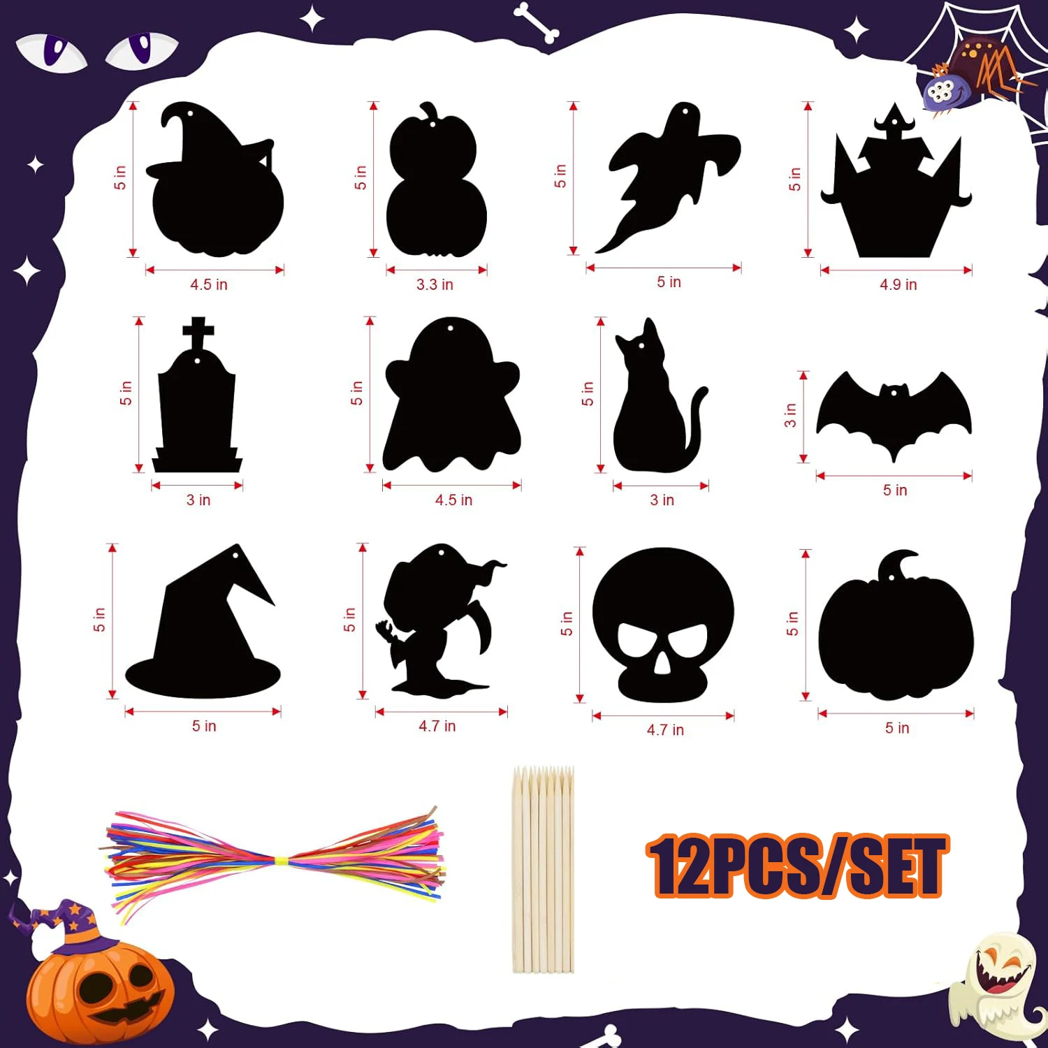 48 Pieces Halloween Scratch Art For Kids, DIY Rainbow Magic Scratch Paper Bat Pumpkin Halloween Haunted House Arts And Crafts Ornaments For Classroom Activity Party Favor Holiday Decor