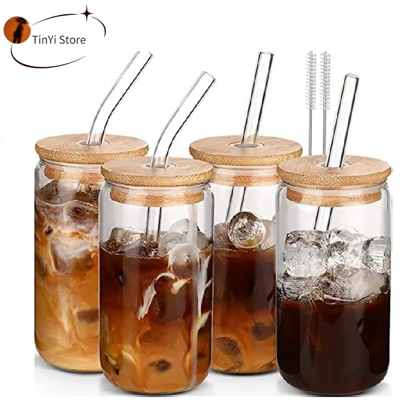 Drinking Utensil Coffee Glass Cup With Straws Wine Milk Beer Cola Juice Cold Drinkware 400/500ml Handmade Can
