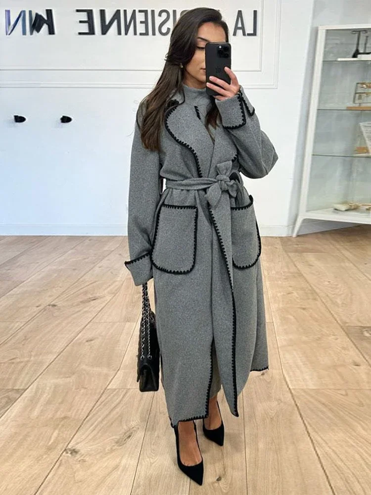 

Traf 2023 Winter Women Blends Long Trench Coats Elegant Gray With Belt Wool Open Stitch Overcoat Fashion Commuter Female Jackets