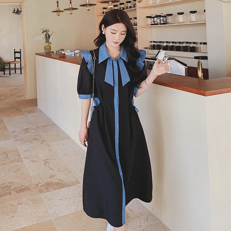 

Women Dress 2024 Summer New Short Sleeve Single Breasted Black Spliced Blue Slim Fit Korean Style Casual Elegant Girl 7730
