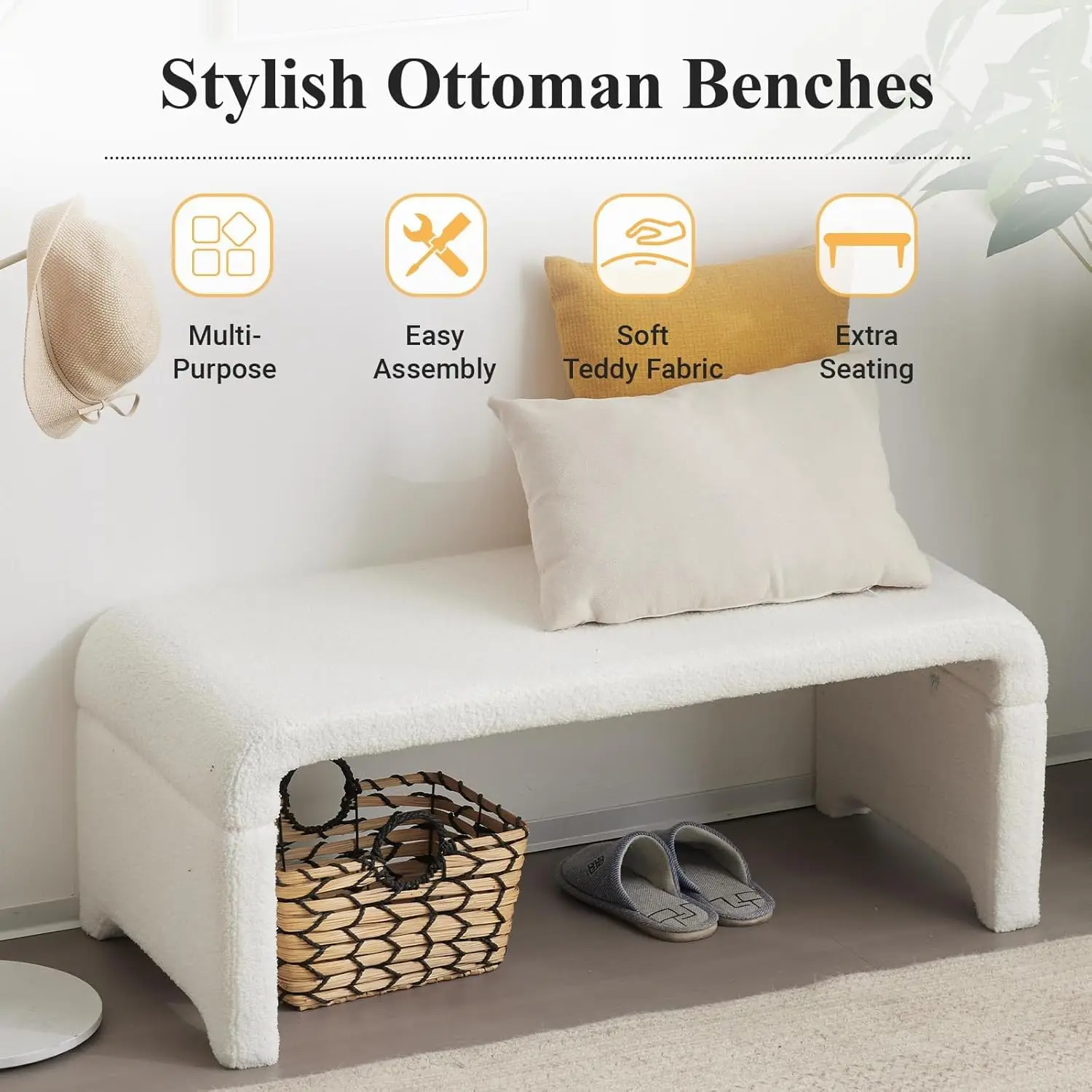 43.5in End of Bed Bench, Upholstered Entryway Bedrrom Bench Ottoman with Teddy Fabric Footrest Stools