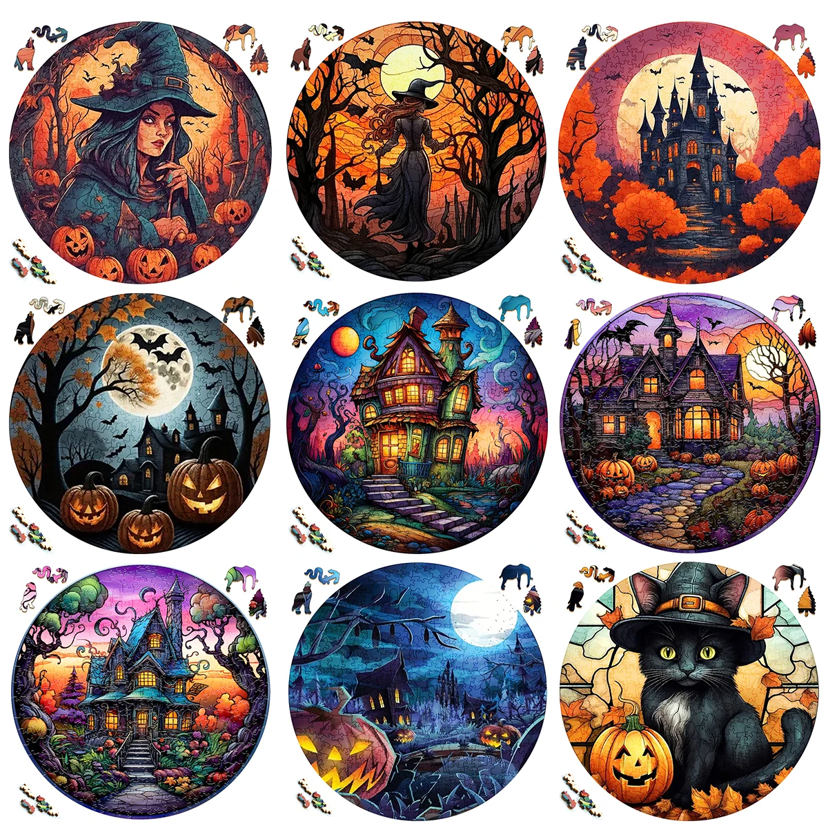 Halloween Wooden Puzzle Dark Castle Funny Toy Animal Wood Puzzles Smart Games Round Shaped Jigsaw Puzzle Best Gift For Adults