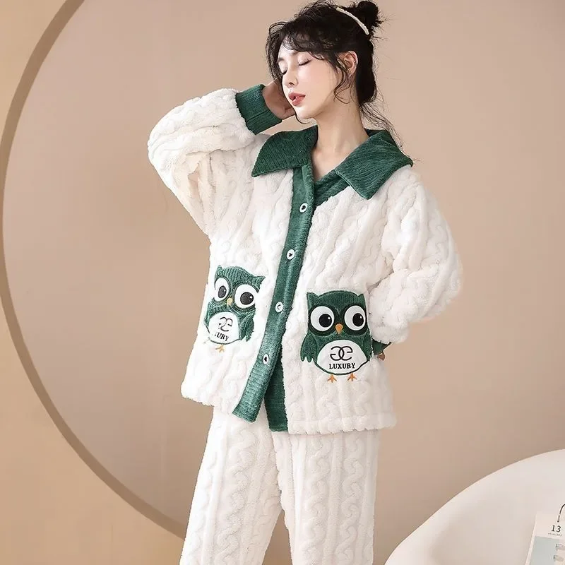 Sleepwear Women's Winter Thickened Loungewear Coral Velvet Warmth Cute Sleepwear Autumn Flannel Outerwear Homewear Set 2023 New