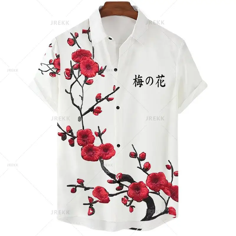Hawaiian Men's Shirt Sakura Plum Blossom Summer Floral Casual 3D Printed Harajuku Short Sleeve Streetwear Beach Plus Size Sexy 2