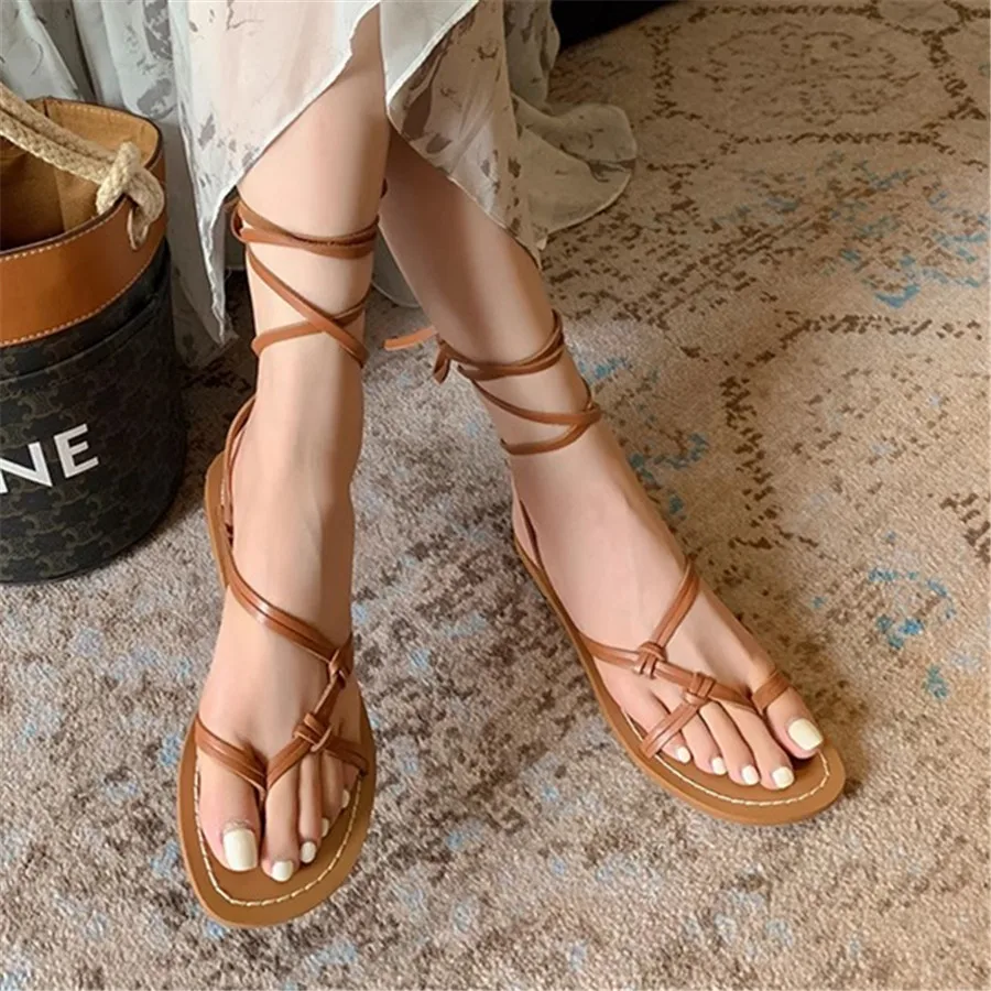 Women's Sandals Summer 2025 Ankle Strap Flip Flops Flat Beach Shoes Ladies  Bohemia Casual Lace-up Gladiator Sandalias Mujer - AliExpress, image size:900x900