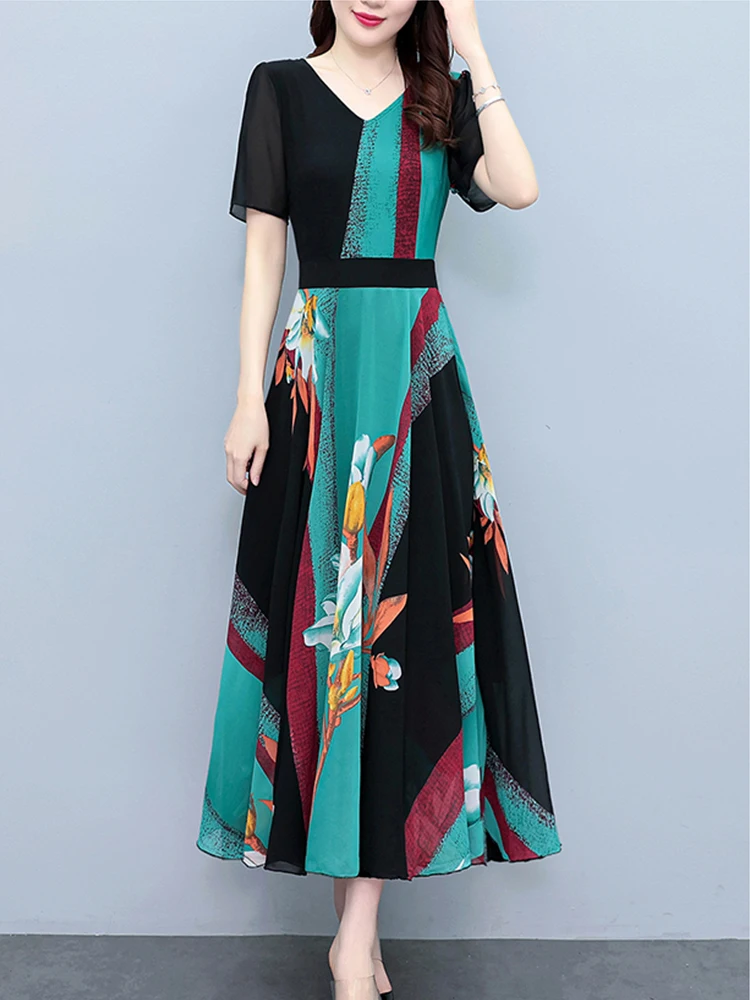 PIKADINGNIS Korean V-neck Maxi Dresses for Women Elegant Chic High