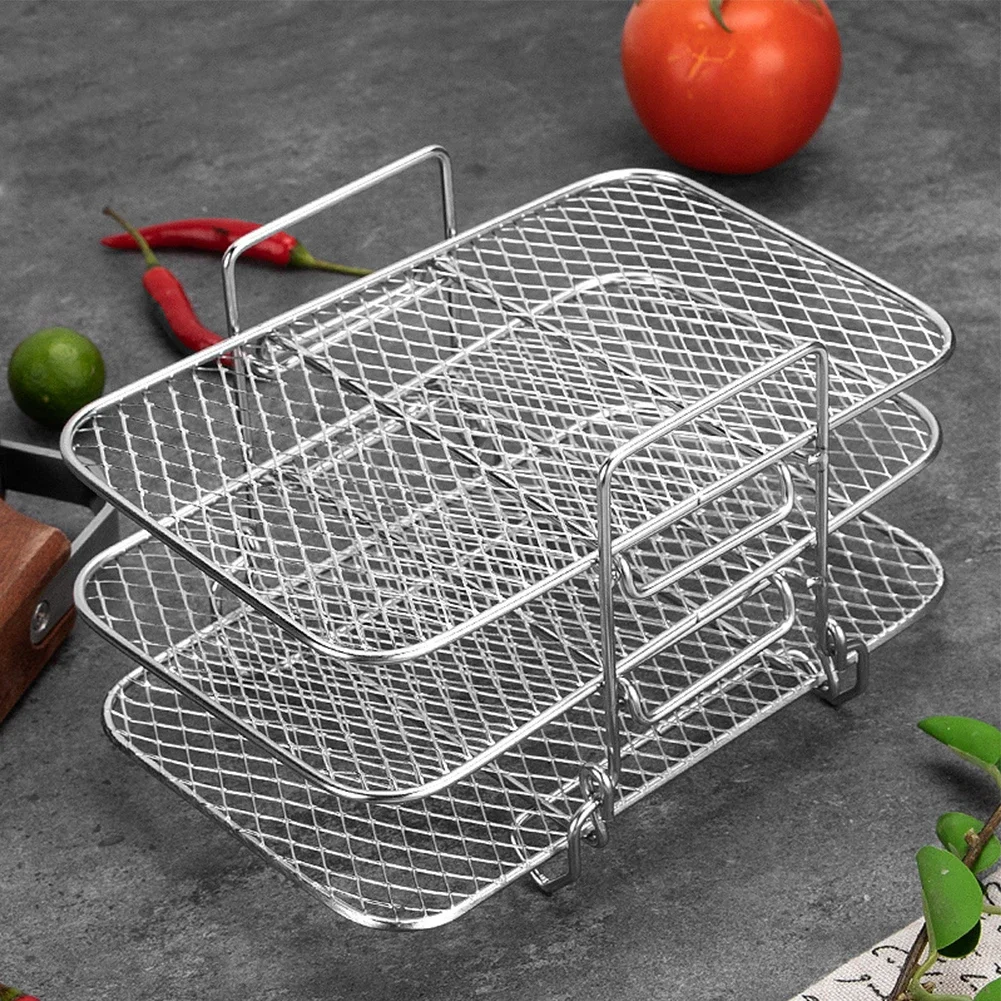 Air Fryer Rack Air Fryer Oven Grill Steamer Stainless Steel 3 Layers Mesh Grill Basket Stackable Multifunctional Kitchen Gadgets