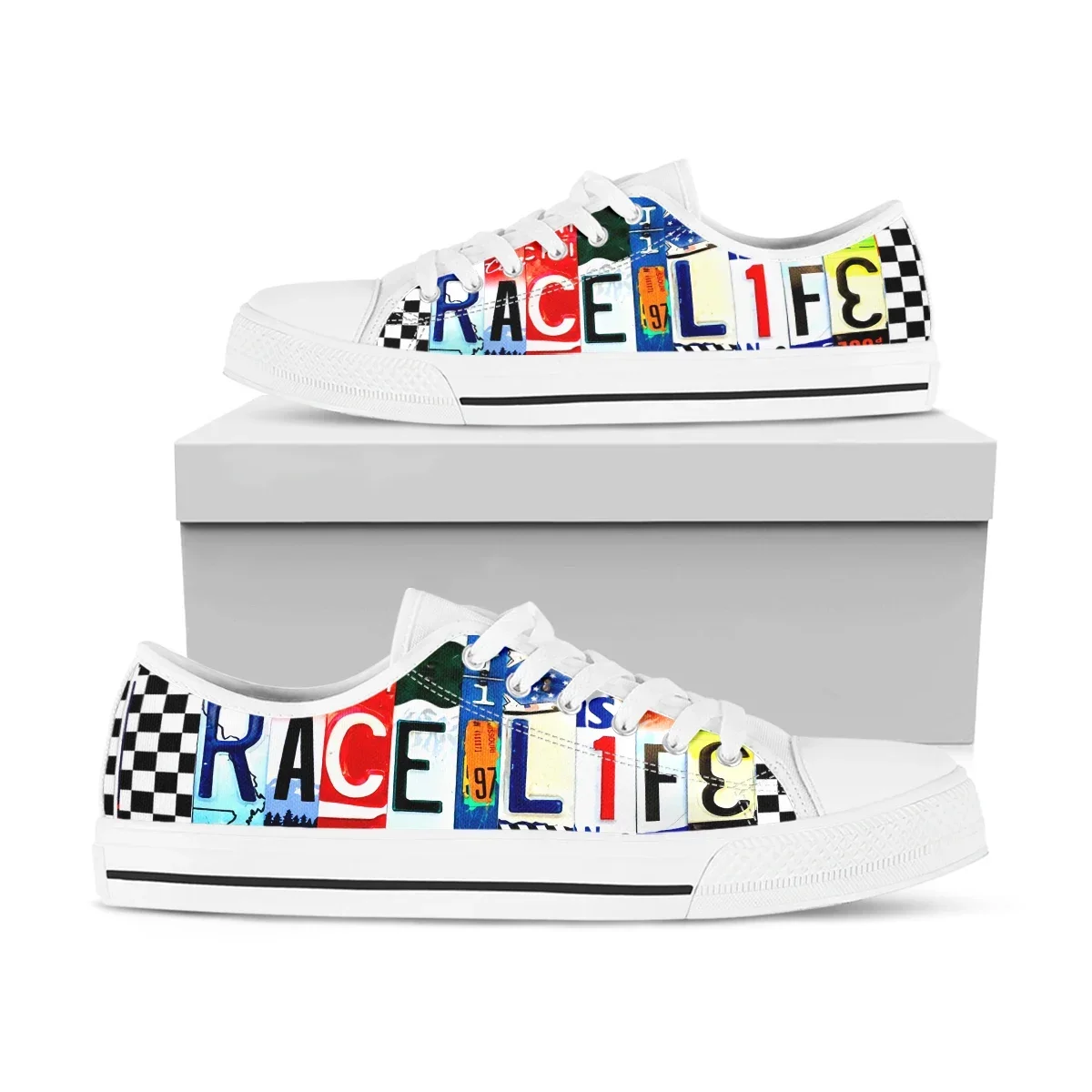 License Plate Racing Girl Women's Fashion Vulcanized Shoes Low Top Canvas Safety Tennis Shoes Comfortable Sneakers