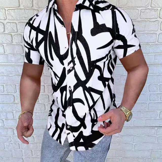 Fashion Nation Style Summer Man's Shirt 3D Printing Stand Collar Single-Breasted Short Sleeve Loose Hawaiian Henley Casual Shirt Short Black White