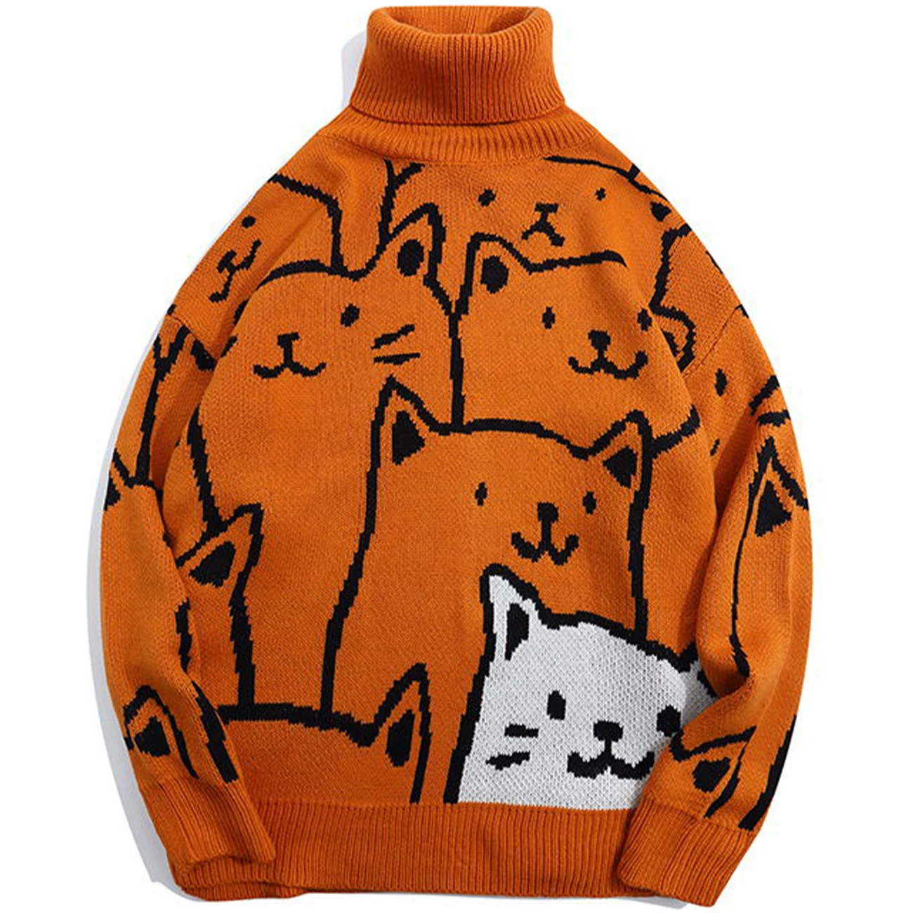 

Harajuku Cat Pattern Turtleneck Knit Sweater Loose Casual Turtleneck Knitted Sweater Pullover Men Knitwear Streetwear