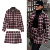 Women Plaid Mini Skirts Two Piece Sets 2025 New Chic Fashion Zipper Bomber Jacket Women's Suits Spring Autumn Woman Outfits