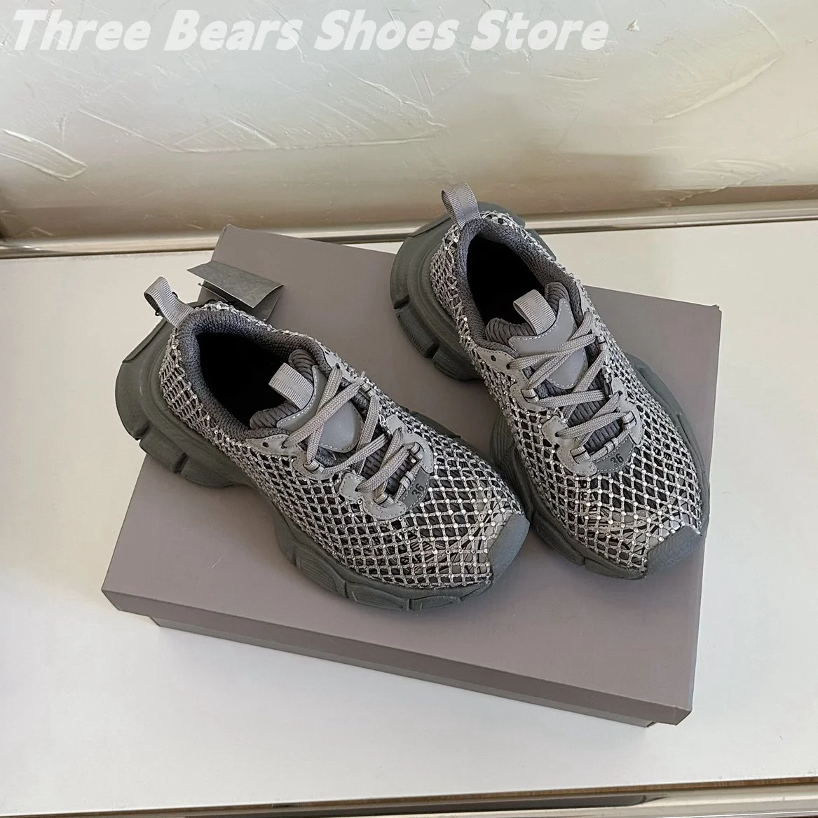 Novelty Mesh Hollow Crystal Patchwork Round-Toes Woman Sneakers Mixed Colors Lace-Up Anti-Slip Platform Heels Zapatillas 35-44 2