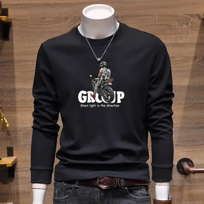 

Male Clothes Print Slim Fit Top Crewneck Sweatshirt for Men Hoodieless Round Neck Pullover Black Sweat Shirt Pastel Color Cotton