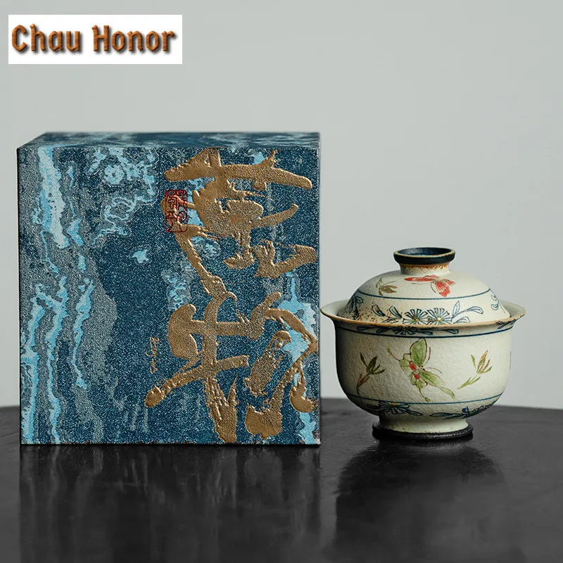 100ml Blue And White Flint Red Gaiwan Handmade Gold Drawing Butterfly Orchid Tea Tureen Tea Making Cover Bowl Tea Items Ornament