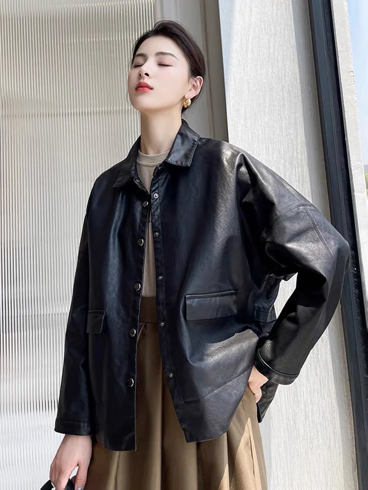 Women Genuine Sheepskin Leather Spring Autumn Fashion Classic Khaki Real Leather Jacket Oversize Loose Real Leather Coat