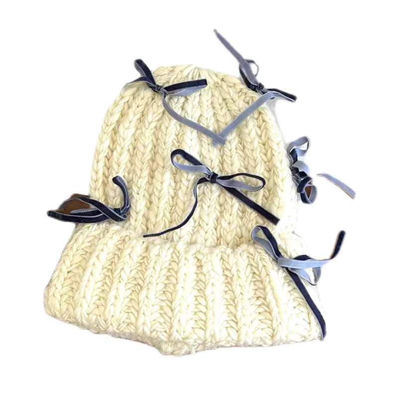 

Sweet Knitted Wool Beanie Hat Harajuku Plus Velvet Crochet Pullover Cap Solid Color Crochet Bow Hats Fairy Atmosphere Streetwear