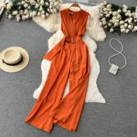 Summer Women Long Jumpsuits V Neck Sleeveless Belt Design Zipper Loose Wide Legs Pants 2024 New Fashion OL Bodysuits - Image 3