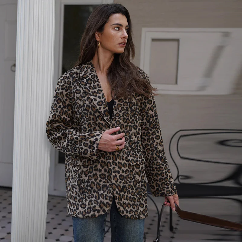 Fall Leopard Print Jacket Blazer Women Lapel One Button Long Sleeve Loose Coat Female Fashion All-matching New in Outwears
