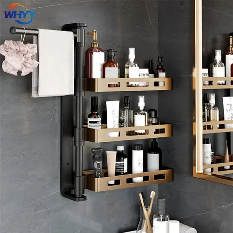 WHYY Bathroom Corner Shelves 180 Degree Rotation Drain Adjustment Toilet Shower Storage Rack Holder Punch-Free for Home Supplies