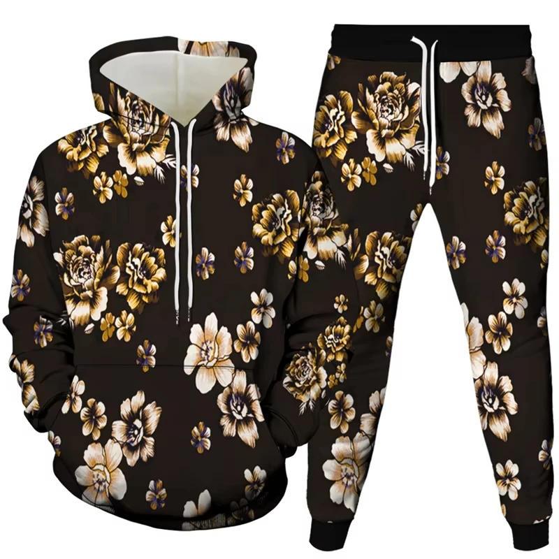 빈티지 하라주쿠 스타일 남성 여성 Tracksuit 의류 Florial Bird Snake Rose Print Sportwear 후드 + 조깅 바지 2Pcs 세트