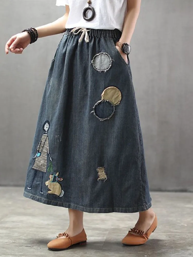 AmaxluluE 2025 Fashion Streetwear Women Summer Classic Embroidery Loose Denim Holes Skirts Ladies Casual Vintage Cartoon Clothes