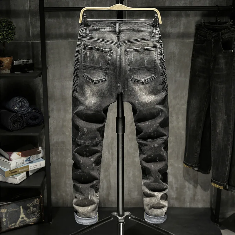 2024new motorcycle jeans men's slim stretch high-end pencil pants stitching scratch patch retro trousers